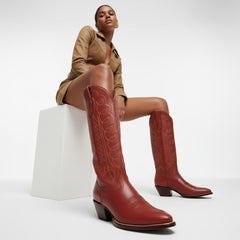 Tuhoomall Western Boots for Women with Embroidery, Chunky Heel 2.00 in, Mid-Calf Length, Vegan Leather, Casual Fashion Footwear, All Seasons