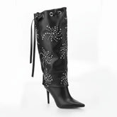 Tuhoomall Knee High Stiletto Boots With Studs And Ruffles For Parties - Elegant Pointed Toe And Adjustable Straps Tuhoomall
