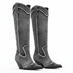 Tuhoomall Western Style Knee High Boots for Women, Retro Chunky Heels, Distressed Denim, Chic Pointed Toe, All-Season Slip-On Comfort