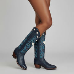 Tuhoomall Western Knee High Boots With Rubber Sole, 5cm Chunky Heel, Embroidered Sweet Pink Hearts For Casual Fashion All Year Round