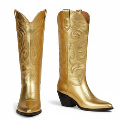 Tuhoomall Cow Pattern Western Boots for Women, Round Toe, Chunky 1.57in Heel, Casual Slip-On Mid-Calf Design, Stylish All-Season Footwear