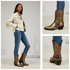 Tuhoomall Western Ankle Booties with Snip-Toe and Chunky Heel for Fashion Casual Parties, Embroidery Design with Metallic Inlay, Slip-On Style