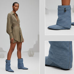 Tuhoomall Pointed Toe Wedge Ankle Boots For Women, Distressed Denim Slip-On Casual Shoes, Vintage Style Mid-Calf Boots For Parties And Daily Wear