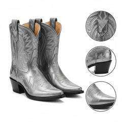 Tuhoomall Metallic Western Ankle Boots for Women - Stylish Slip-On Design with Embroidered Floral Pattern, Casual All-Season Footwear