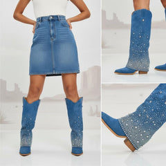 Tuhoomall Western Denim Mid Calf Boots With Chunky Heel, Pointed Toe, Rhinestone Embellishments For Casual Style, 13 In Shaft Height