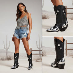 Tuhoomall Western Ankle Boots for Women, Chunky Heel 2.52in, Star Embroidery, Casual Fashion Footwear for Everyday Style and Rodeo Events