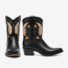 Tuhoomall Fashion Western Ankle Boots with Embroidered Floral Design for Casual Travel - 6cm Chunky Heel, Comfortable Slip-On Style