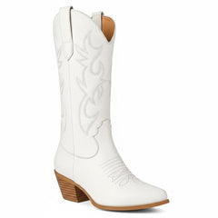 Tuhoomall Western Chunky Heel Women's Cowboy Boots, Comfortable Slip-On, Retro Embroidered Design, Non-Slip Sole for Travel and Casual Wear