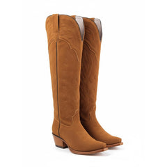 Tuhoomall Faux Suede Knee High Western Boots with Embroidered Eagles for Fashion, Travel, and Parties, 2.36 in Chunky Heel