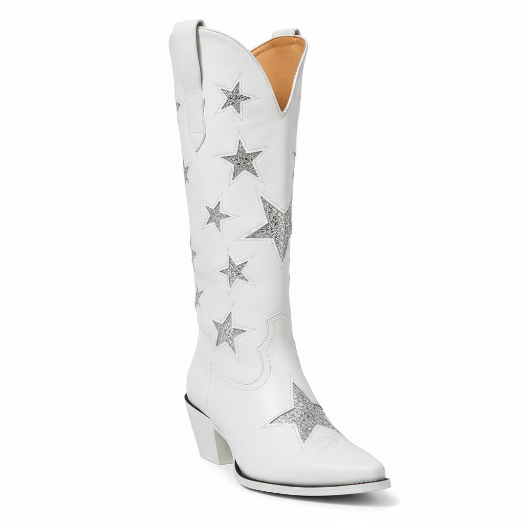 Tuhoomall White Cowgirl Boots With Rhinestones, Pointed Toe, Chunky Heel 6cm, Fashion Casual Style For Travel, Weddings, Year-Round Wear Tuhoomall