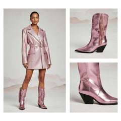 Tuhoomall Western Mid Calf Boots for Women, Metallic Bright Surface with Fringe, Slip-On, Casual Style, Chunky Heel, Perfect for Parties and Performances