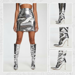 Tuhoomall Shiny Metallic Pointed Toe Mid-Calf Boots for Fashion Forward Performance - Rubber Sole, 3.75 in Heels, Mock-Croc Design, All Season