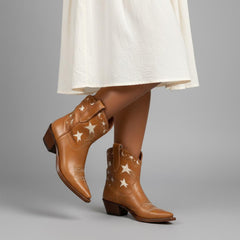 Tuhoomall Western Cowboy Ankle Boots for Women, Vegan Leather, Chunky 2" Heel, Snip Toe Design, Stylish Star Appliqué, All-Season Fashion