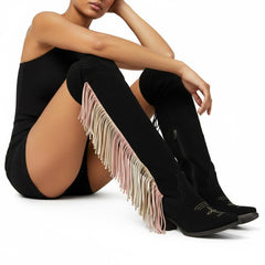 Tuhoomall Western Over Knee Boots with Fringe and Heart Pattern, Block Heel 2.76in, Zipper Closure, Faux Suede for Fashionable Boho Lifestyle