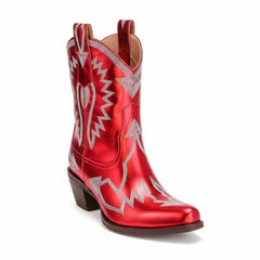 Tuhoomall Metallic Western Ankle Boots for Women - Stylish Slip-On Design with Embroidered Floral Pattern, Casual All-Season Footwear