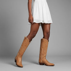 Tuhoomall Western Style Knee-High Boots, Embroidered Vegan Leather, 5.5cm Chunky Heel, Fashion Casual for All Seasons