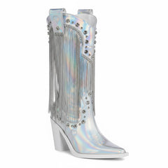 Tuhoomall Chunky Heel Western Rhinestone Booties with Fringes for Fashion Events, Pointed Toe, Slip-On Style, All-Day Comfort, Eye-Catching Design