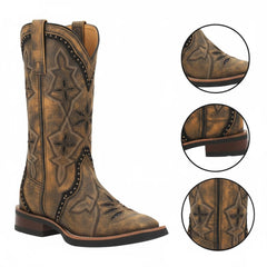 Tuhoomall Retro Western Style Mid-Calf Boots with Floral Embroidery and Sturdy Low Heel for Fashionable Casualwear