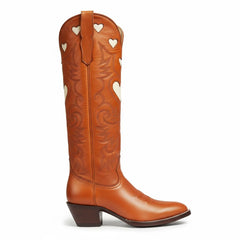 Tuhoomall Western Knee High Boots With Rubber Sole, 5cm Chunky Heel, Embroidered Sweet Pink Hearts For Casual Fashion All Year Round