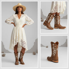 Tuhoomall Western Floral Embroidered Boots for Women - Slip-On, 3.5cm Chunky Heel, Square Toe, Outdoor Fashion, Versatile Everyday Wear