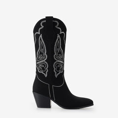 Tuhoomall Western Cowgirl Boots, Comfortable Mid Calf, Chunky Heel, Pointed Toe, Stylish Animal Pattern with Rhinestones for Casual and Party Wear Tuhoomall
