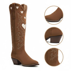 Tuhoomall Western Knee High Boots With Rubber Sole, 5cm Chunky Heel, Embroidered Sweet Pink Hearts For Casual Fashion All Year Round