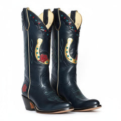 Tuhoomall Western Cowgirl Boots, Mid Calf Chunky Heel Slip-On, Floral Star Pattern, Comfortable Short Boots for Fashion Casual Lifestyle Tuhoomall