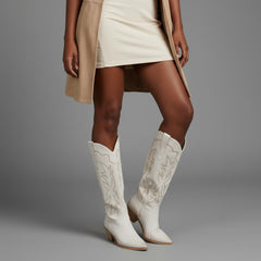 Tuhoomall Embroidered Western Chunky Heel Boots for Women - Pointed Toe, Zipper Closure, Mid-Calf Height, Stylish Vegan Leather, Perfect for All Seasons