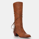 Tuhoomall Western Knee-High Boots, Retro Chic Style, Comfortable Chunky Heel, Lace-Up Closure for Casual Travel Tuhoomall