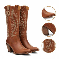 Tuhoomall Retro Studded Mid Calf Boots for Women, Pointed Toe Chunky Heel Slip-On Footwear, Stylish Casual Performance Design