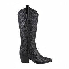 Tuhoomall Western Block Heel Ankle Boots with Glitter Detail, 2.50 in Heel Height, Stylish for Parties and Performances, Faux Leather Lining