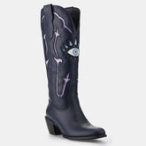 Tuhoomall Western Cowgirl Boots For Women - Stylish Chunky Heel Mid Calf Slip-On With Embroidered Geometric Design