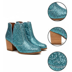 Tuhoomall Glitter Ankle Boots for Women, 3-Inch Chunky Heel, Shiny Pointed Toe, Perfect for Parties and Fashion Events