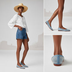 Tuhoomall Comfortable Slip-On Flats for Women - Suede and Denim Upper with Rhinestone Details - Perfect for Fashion Casual, Work, and Parties - Spring/Summer Wear