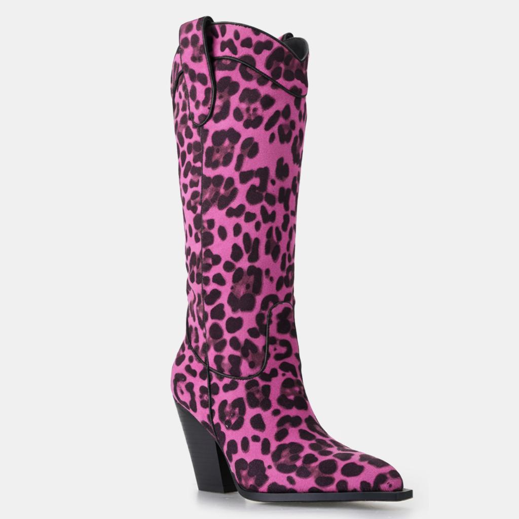 Tuhoomall Western Cowgirl Mid Calf Boots, Animal Print, Chunky Heel, Comfortable Slip-On, Perfect for Dance and Parties Tuhoomall