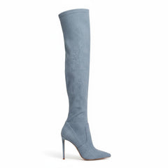 Tuhoomall Stiletto Over-The-Knee Boots for Women, Pointed Toe Denim Fabric, 4-Inch Heel, Fashionable Party & Performance Wear