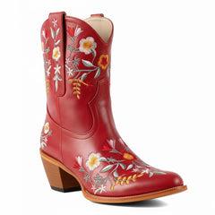 Tuhoomall Stylish Western Ankle Boots with Floral Embroidery, Rubber Sole, Chunky 5cm Heel for Classic and Casual Looks