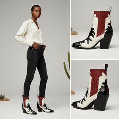 Tuhoomall Western Ankle Boots for Women, Pointed Toe Chunky Heel Booties, Fashion Slip-On with Applique and Elastic Side Panels, Casual Evening Wear