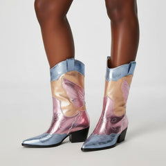 Tuhoomall Colorful Metallic Western Mid Calf Boots with Embroidery, Pointed Toe, Comfort Block Heel for Casual Wear