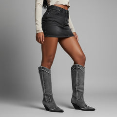 Tuhoomall Western Style Knee High Boots for Women, Retro Chunky Heels, Distressed Denim, Chic Pointed Toe, All-Season Slip-On Comfort