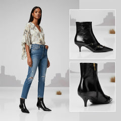 Tuhoomall Fashion Ankle Boots for Women, Comfortable Pointed Toe, Cat Heel with Hardware Buckles, Ideal for Parties and Daily Wear, Casual All-Season Style