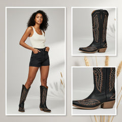 Tuhoomall Stylish Western Mid-Calf Boots for Women - Embroidered Vegan Leather, 2.76in Low Chunky Heel, Perfect for Year-Round Casual Wear