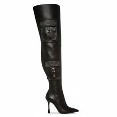 Tuhoomall Over-The-Knee Fashion Boots for Women, High Heels 9.5cm, Zipper Closure, Solid Color with Pocket and Metal Buckle, Perfect for Parties and Performances