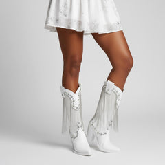 Tuhoomall Chunky Heel Western Rhinestone Booties with Fringes for Fashion Events, Pointed Toe, Slip-On Style, All-Day Comfort, Eye-Catching Design