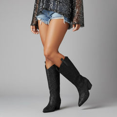 Tuhoomall Western Block Heel Ankle Boots with Glitter Detail, 2.50 in Heel Height, Stylish for Parties and Performances, Faux Leather Lining