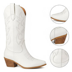 Tuhoomall Western Chunky Heel Women's Cowboy Boots, Comfortable Slip-On, Retro Embroidered Design, Non-Slip Sole for Travel and Casual Wear