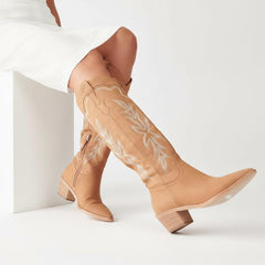 Tuhoomall Embroidered Western Chunky Heel Boots for Women - Pointed Toe, Zipper Closure, Mid-Calf Height, Stylish Vegan Leather, Perfect for All Seasons