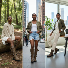 Tuhoomall Retro Chunky Knee-High Boots For Women, Comfortable Round Toe, Zipper Closure, Studded Design, Stylish Casual Footwear