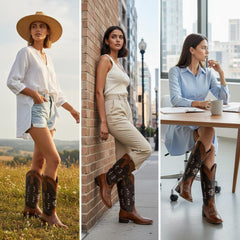 Tuhoomall Western Style Low Heel Ankle Boots with Floral Stitching - Perfect for Casual Office Wear and Everyday Fashion - Durable Rubber Sole and Leather Upper