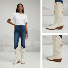 Tuhoomall Western Knee High Boots With Rubber Sole, 5cm Chunky Heel, Embroidered Sweet Pink Hearts For Casual Fashion All Year Round